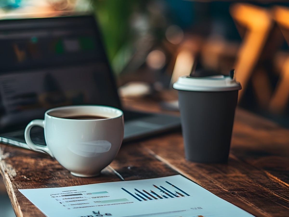 Coffee cups, a laptop, and a printed bar chart on a wooden desk illustrating San Diego home value trends.