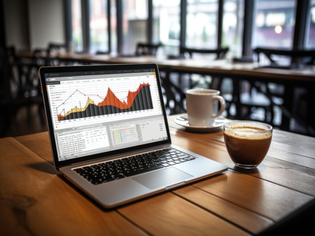 Laptop displaying rising market charts beside two coffees in a cafe—a visual cue for San Diego home value trends