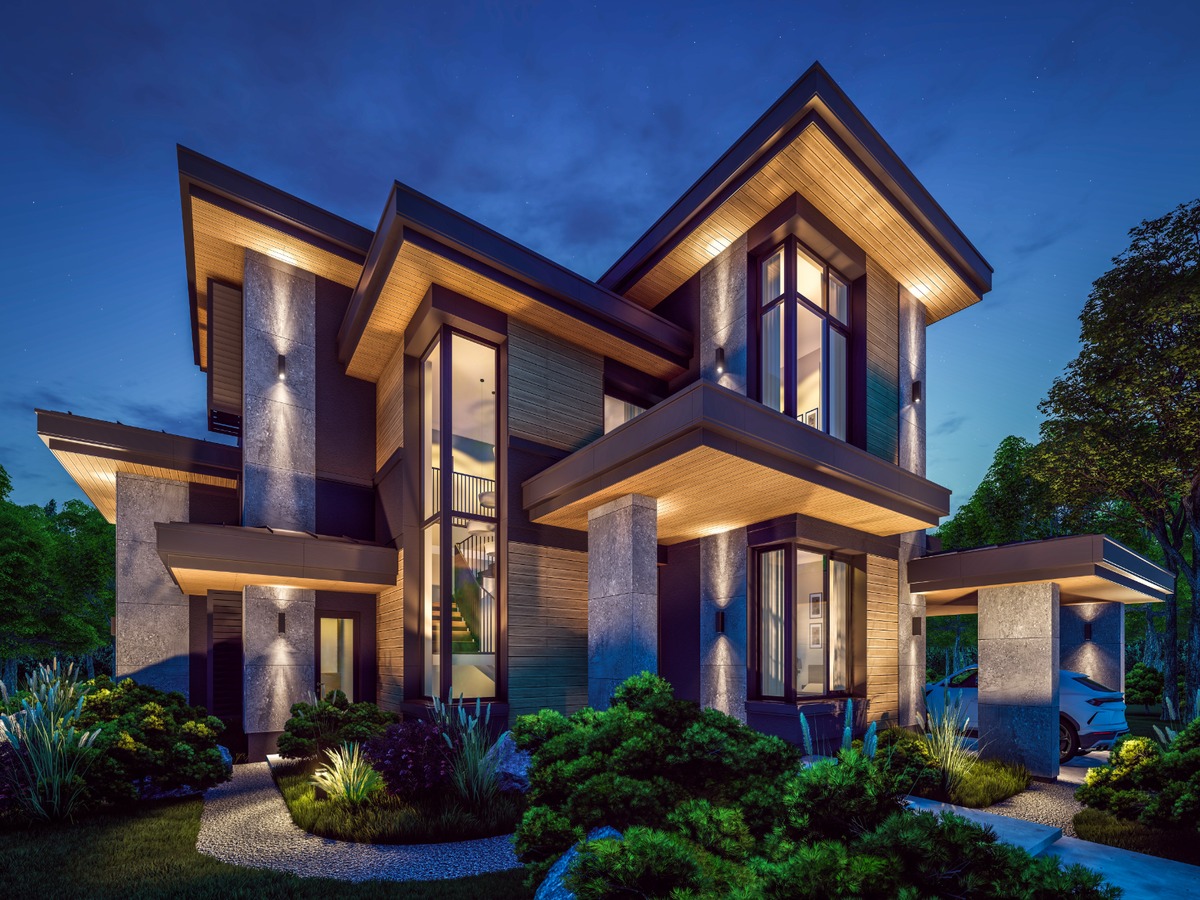 Contemporary San Diego home at dusk with large windows, warm exterior lighting, stone and wood siding, landscaped shrubs, and a covered carport—showcasing features that enhance San Diego home value.